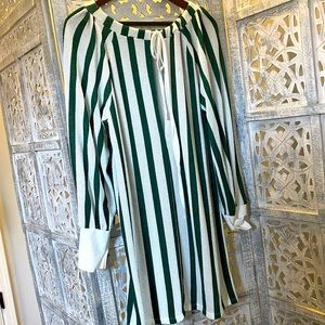 Green and white striped long sleeve mini dress